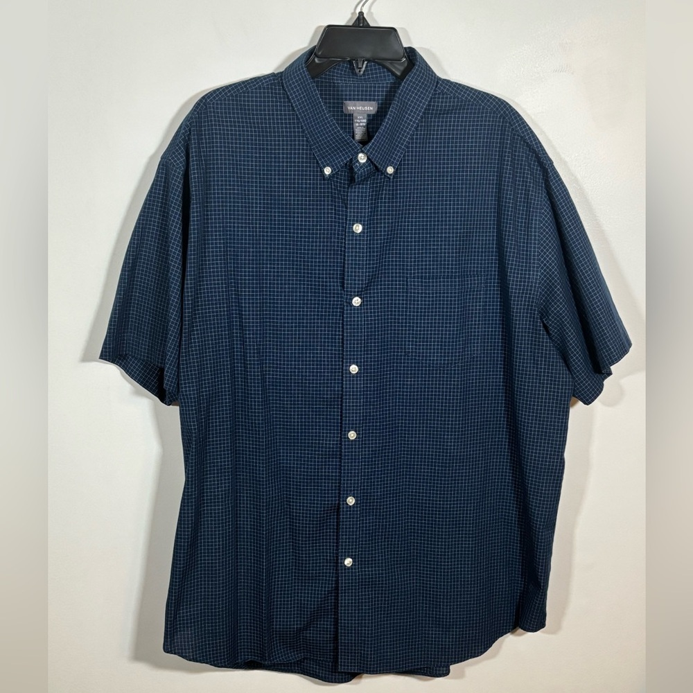 Van Heusen Men’s Button Down Shirt XXL Blue Check Short Sleeve Cotton Blend